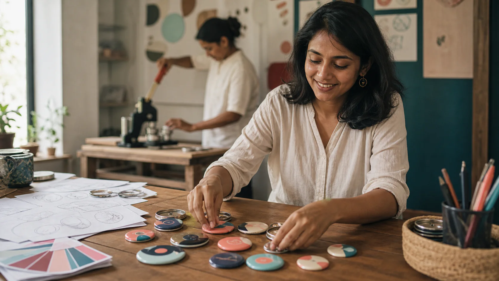 Two Indian badge makers arranging custom round badges in the SNAPPIQUE studio
