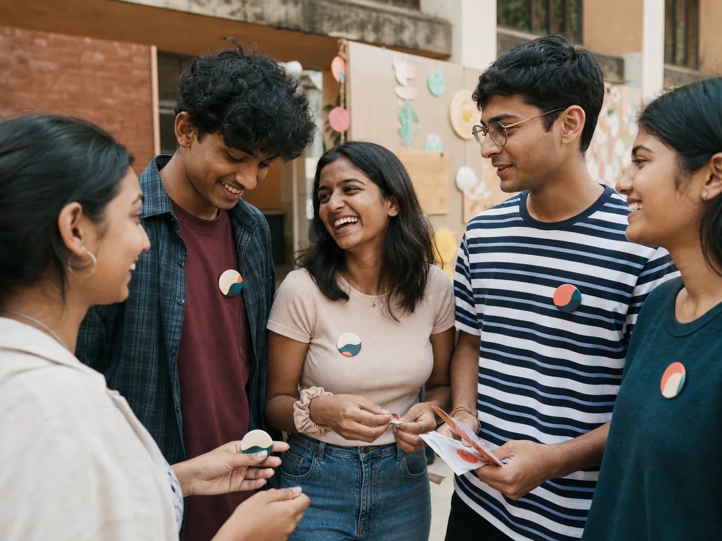 College students laughing together while wearing custom badges at an event